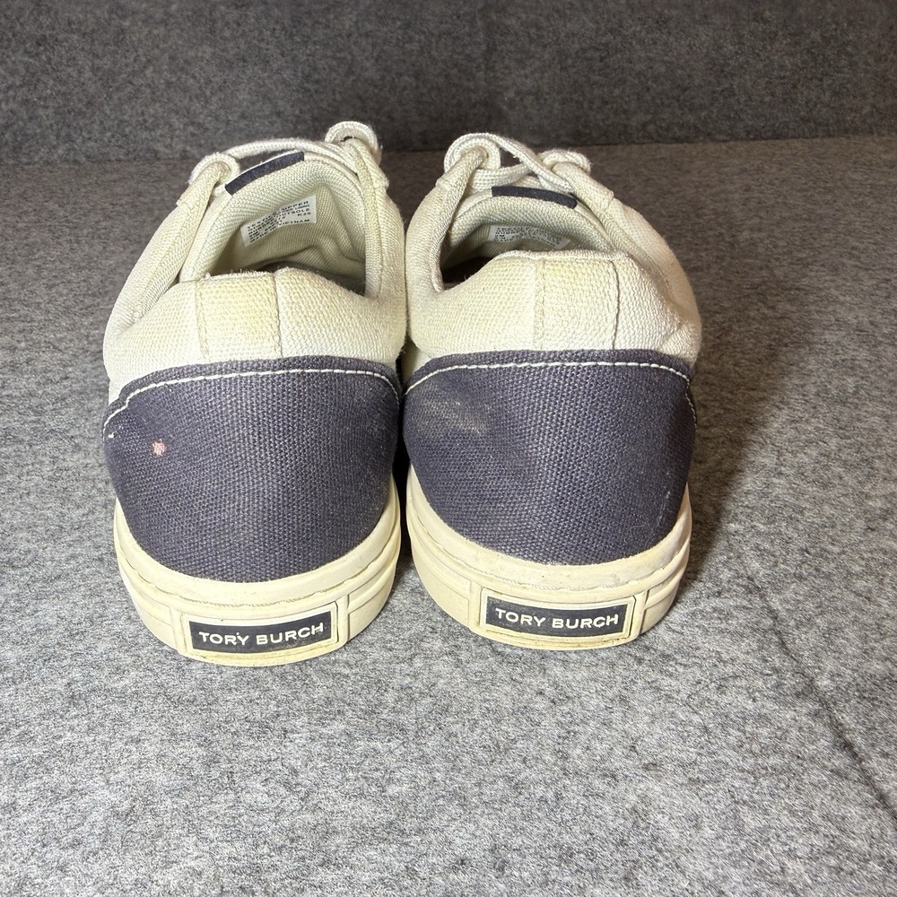 Tory Burch Size 9.5 Womens Classic Court Sneaker, Ivory Canvas/ Perfect Navy - Picture 4 of 9